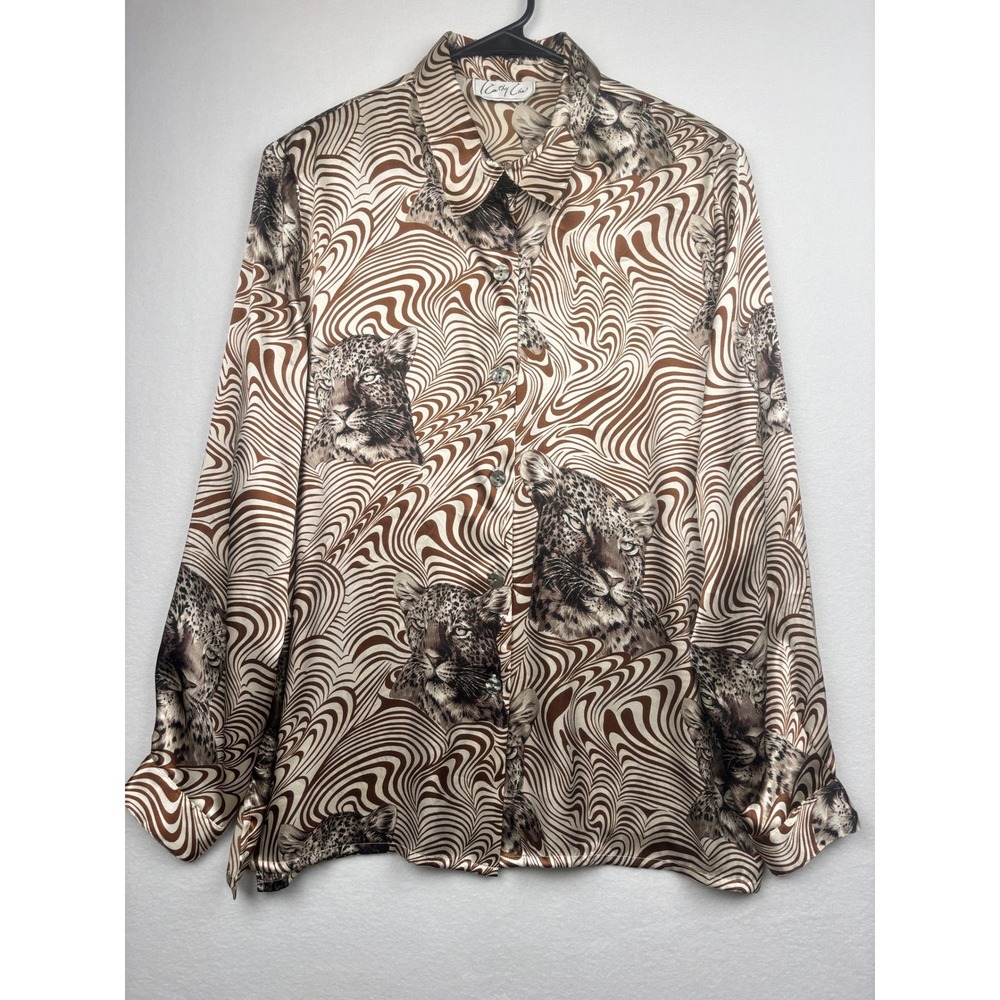 Cathy Che Womens 14 Satin Leopard Baroque Print Button Down Blouse